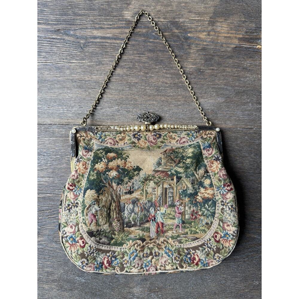 Vintage 1950 Floral Tapestry Evening Bag Kiss Lock Purse Pearl Frame Cottagecore